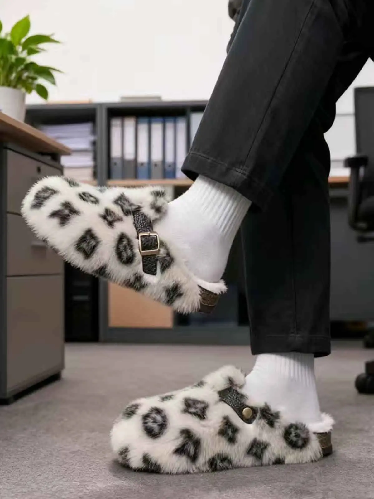 Abstract Spotted Faux Fur Buckle Clogs - Image 6