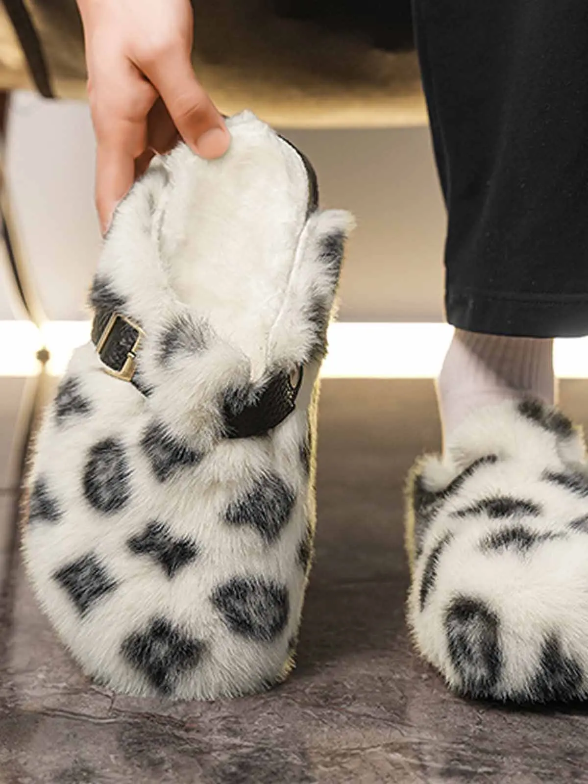 Abstract Spotted Faux Fur Buckle Clogs - Image 7