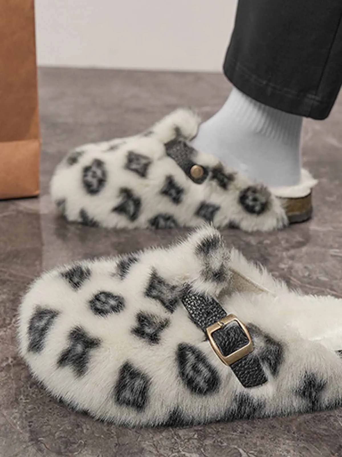 Abstract Spotted Faux Fur Buckle Clogs - Image 8