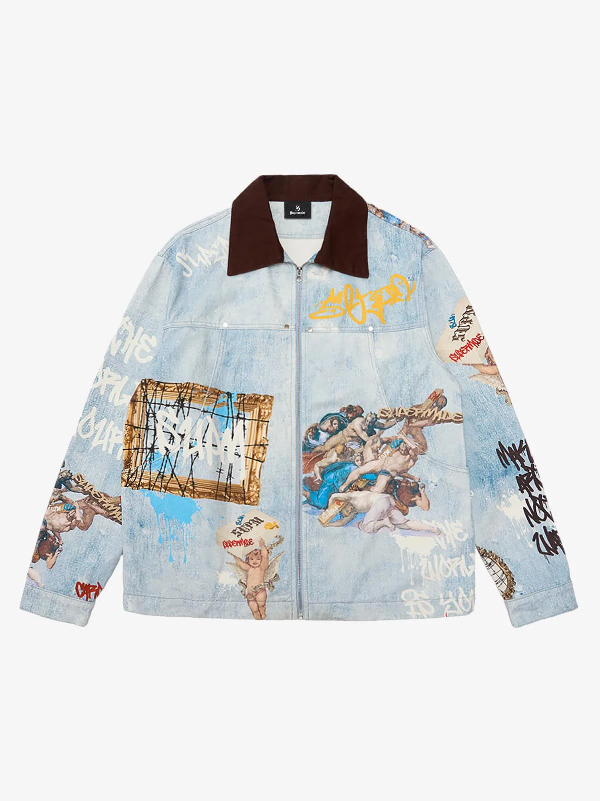 Artistic Patches Graphic Distressed Denim Jacket - 2573