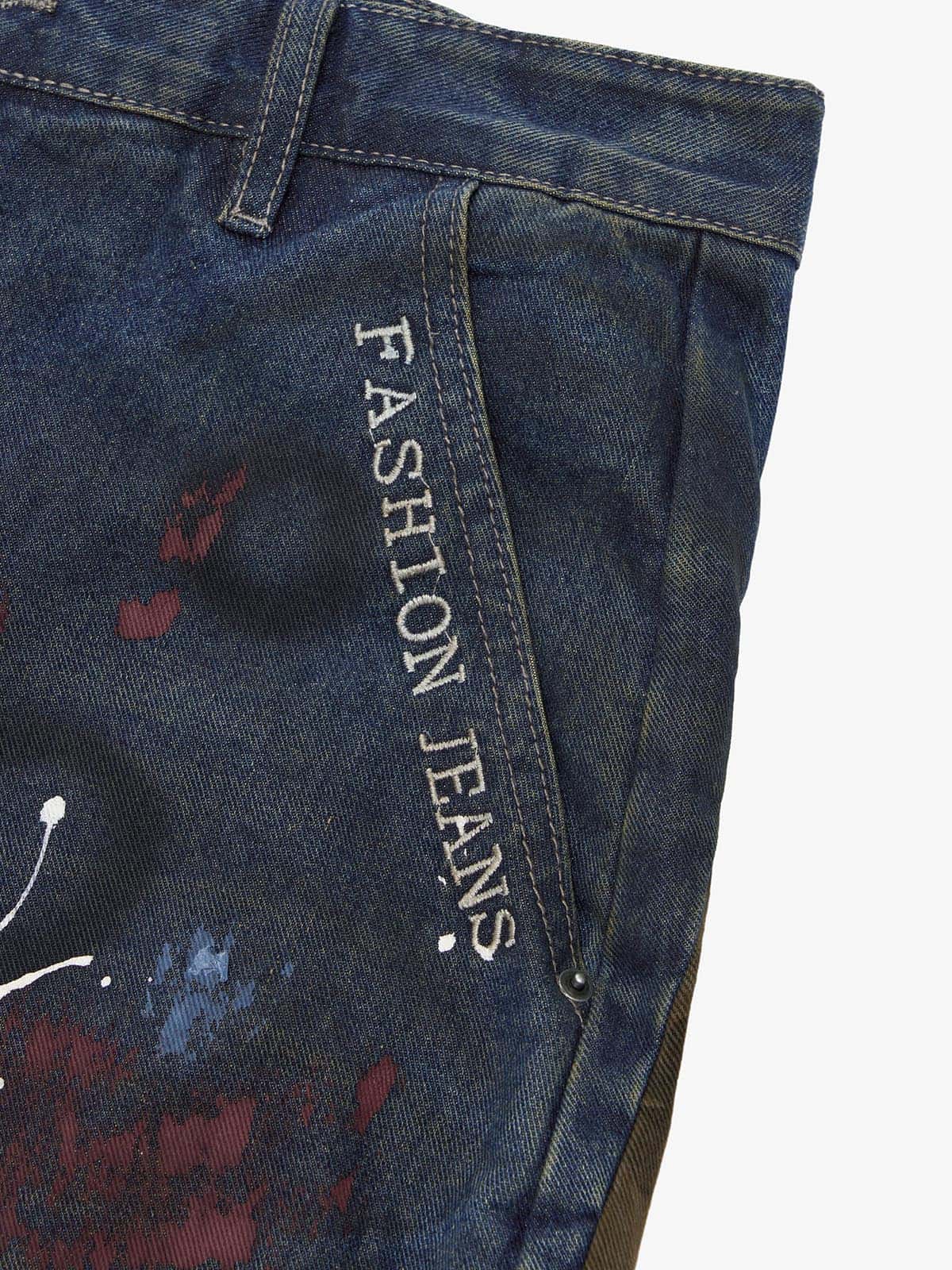 Washed Stripe Patchwork Totem Print Baggy Jeans - Image 16