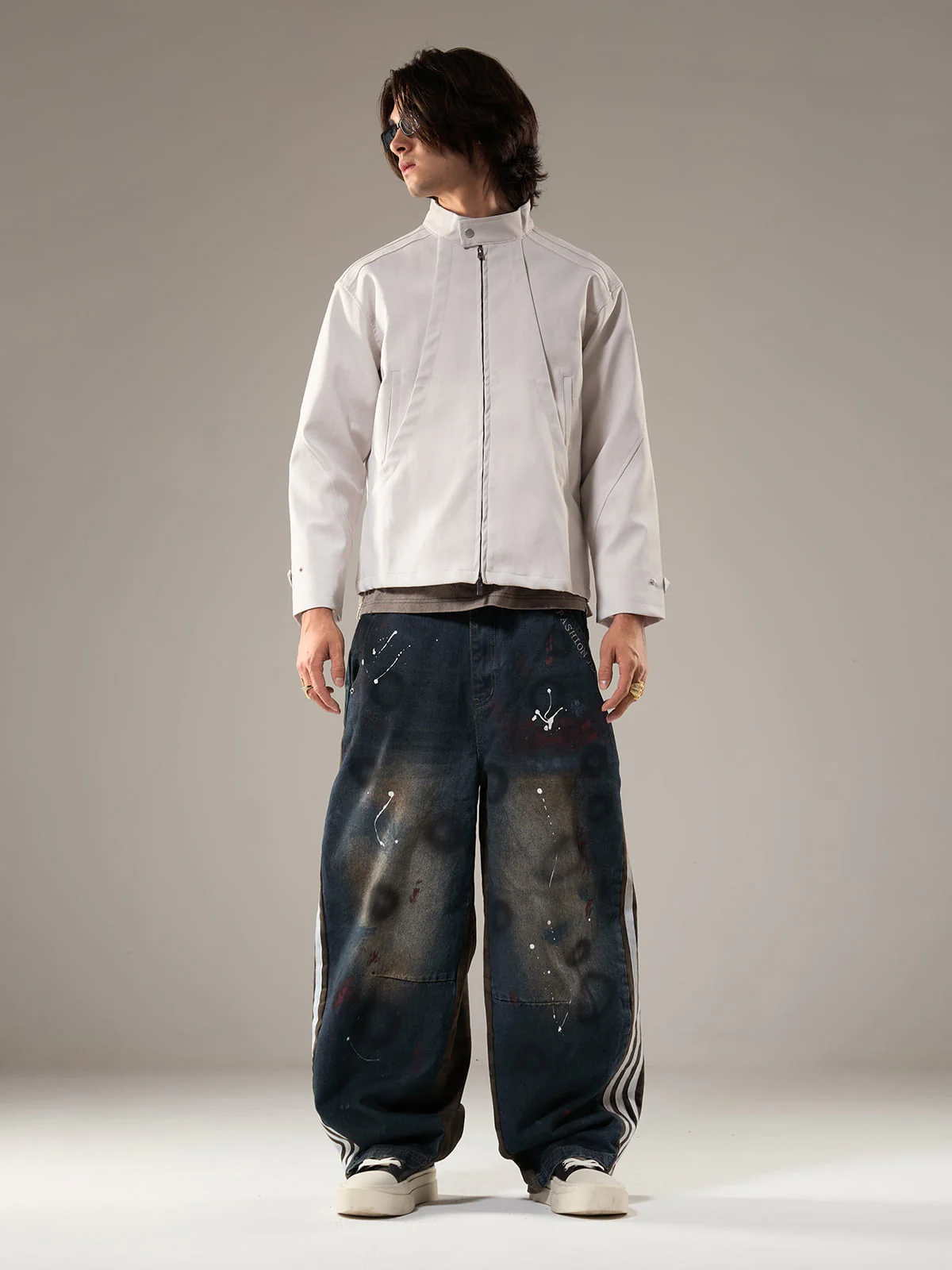 Washed Stripe Patchwork Totem Print Baggy Jeans - Image 8