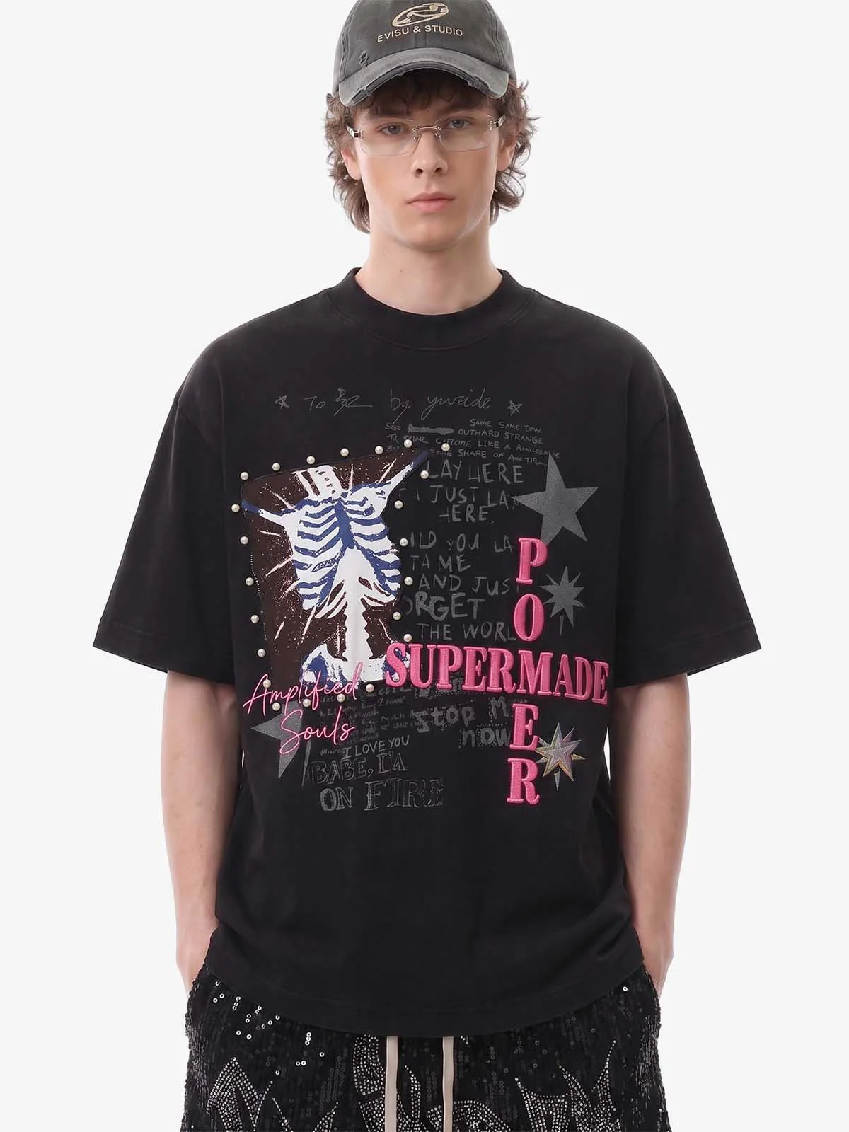 Beaded Collage Acid-Wash Graphic T-Shirt