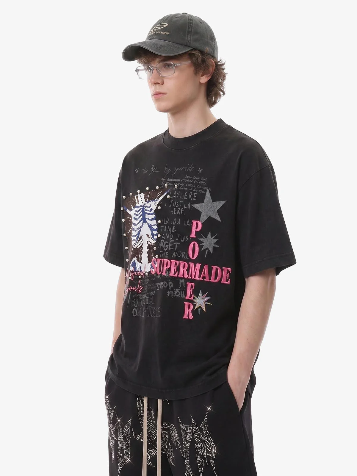 Beaded Collage Acid-Wash Graphic T-Shirt - Image 3