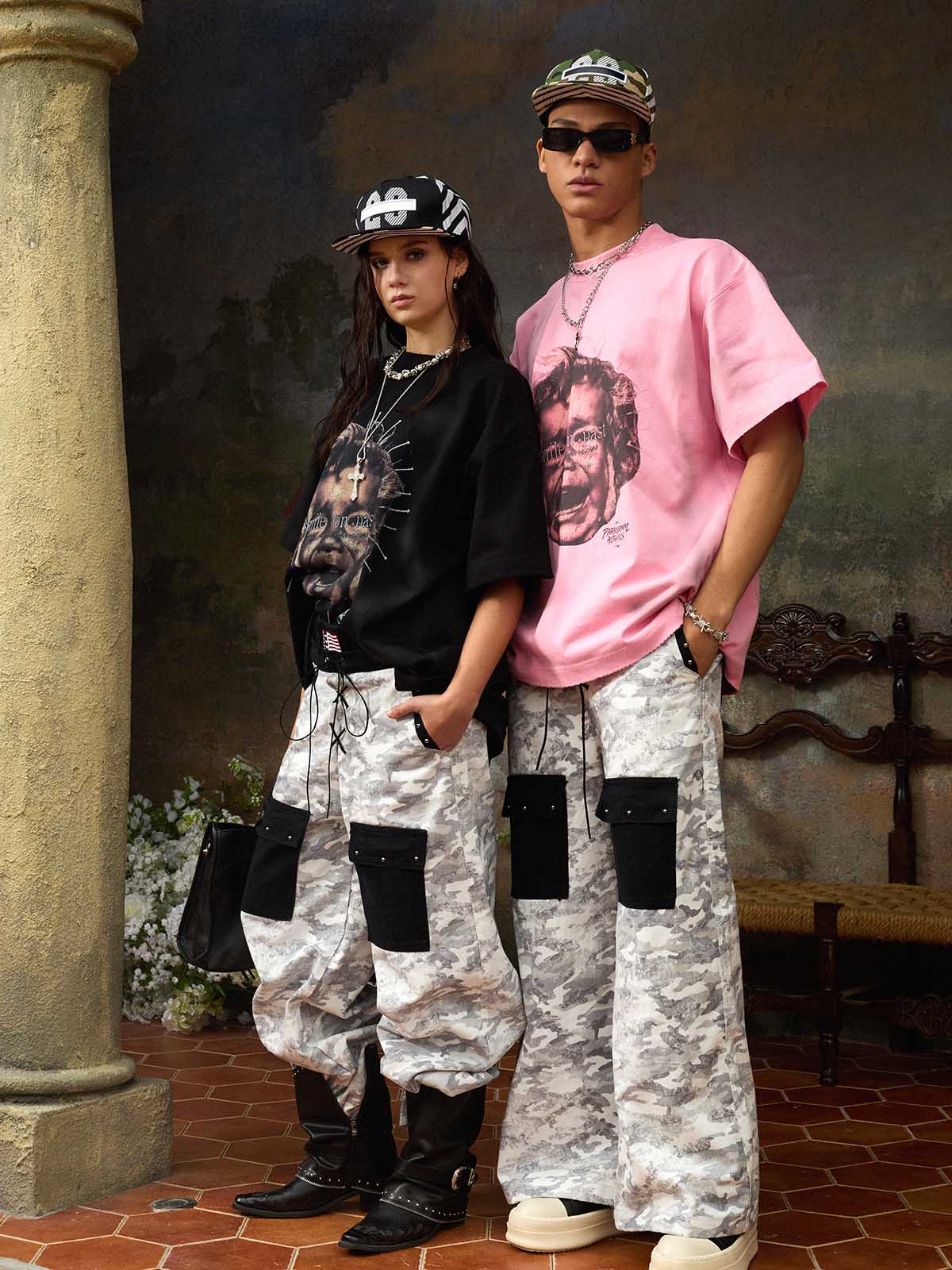 Camo Embroidered Double Waist Lace-Up Wide Leg Cargo Pants - 2599 - Image 3