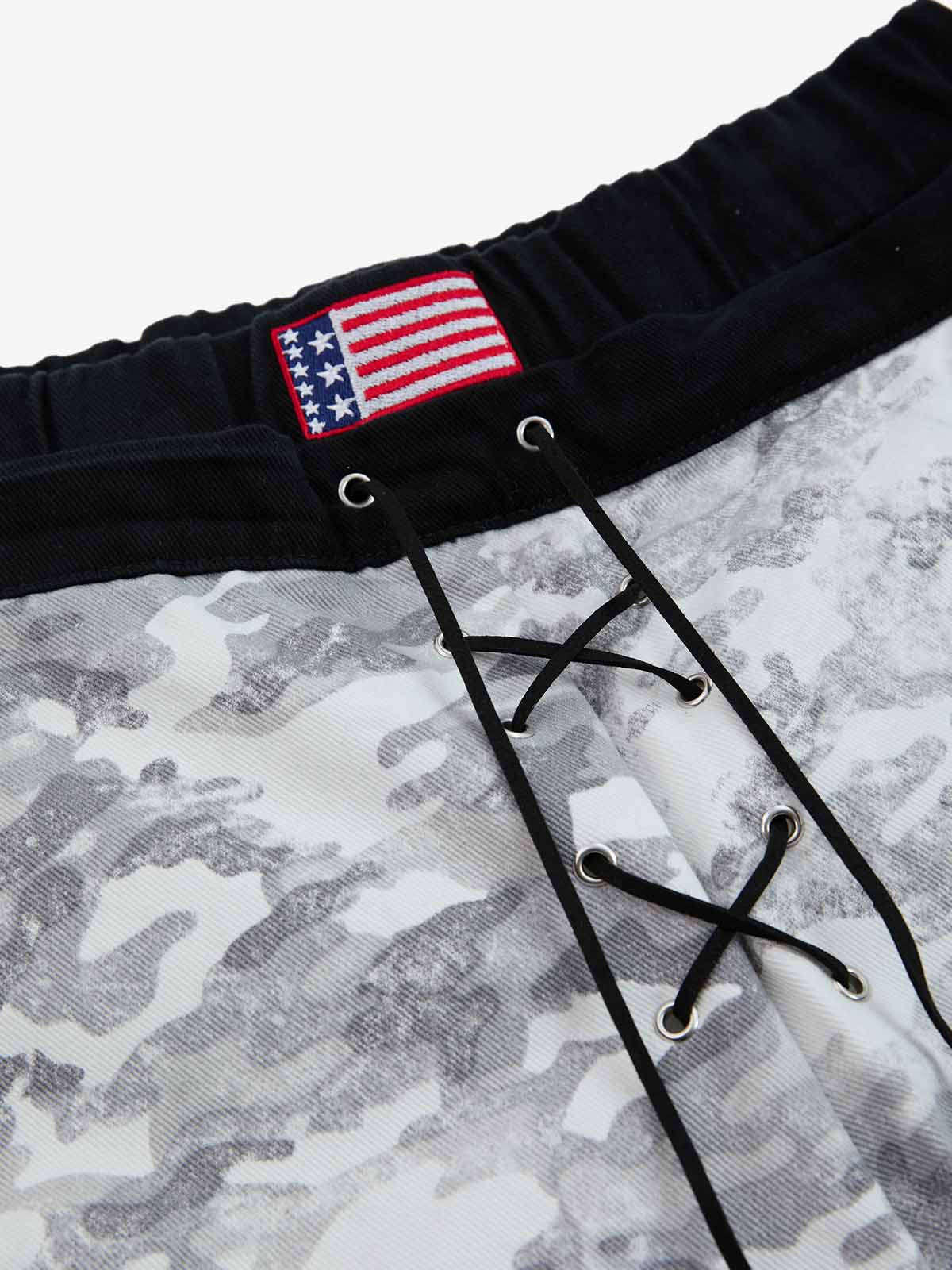 Camo Embroidered Double Waist Lace-Up Wide Leg Cargo Pants - 2599 - Image 6