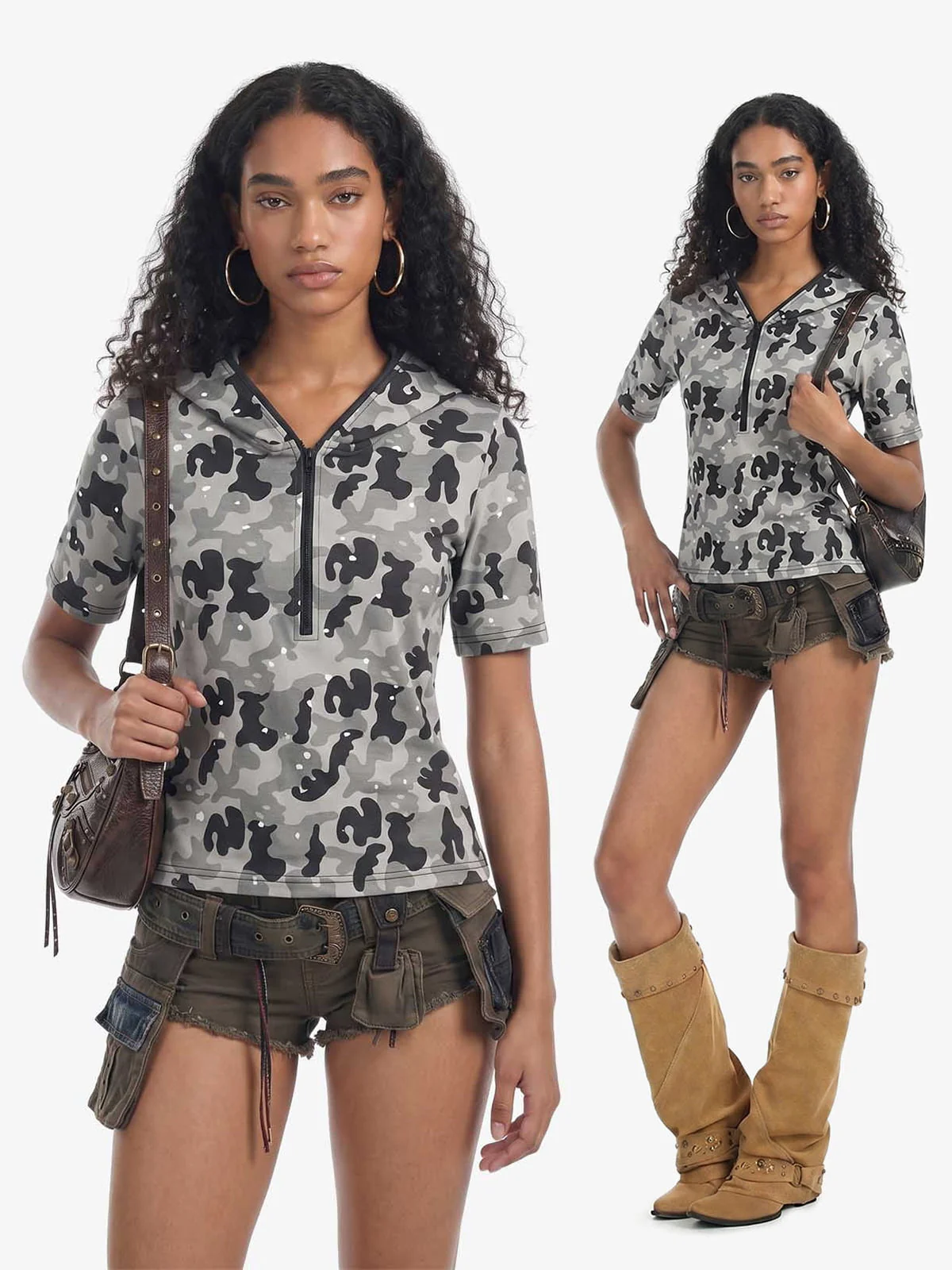 Camo Half Zip Hooded Mid Sleeve T-Shirt