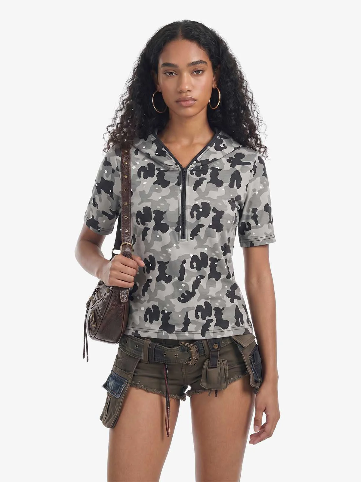 Camo Half Zip Hooded Mid Sleeve T-Shirt - Image 3