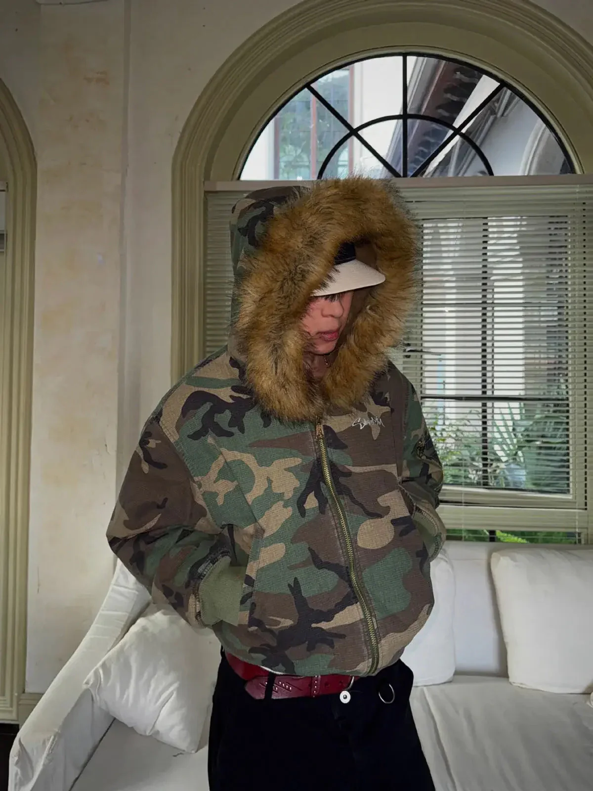 Camouflage Fur Collar Reversible Cotton Jacket - 2499 - Image 2