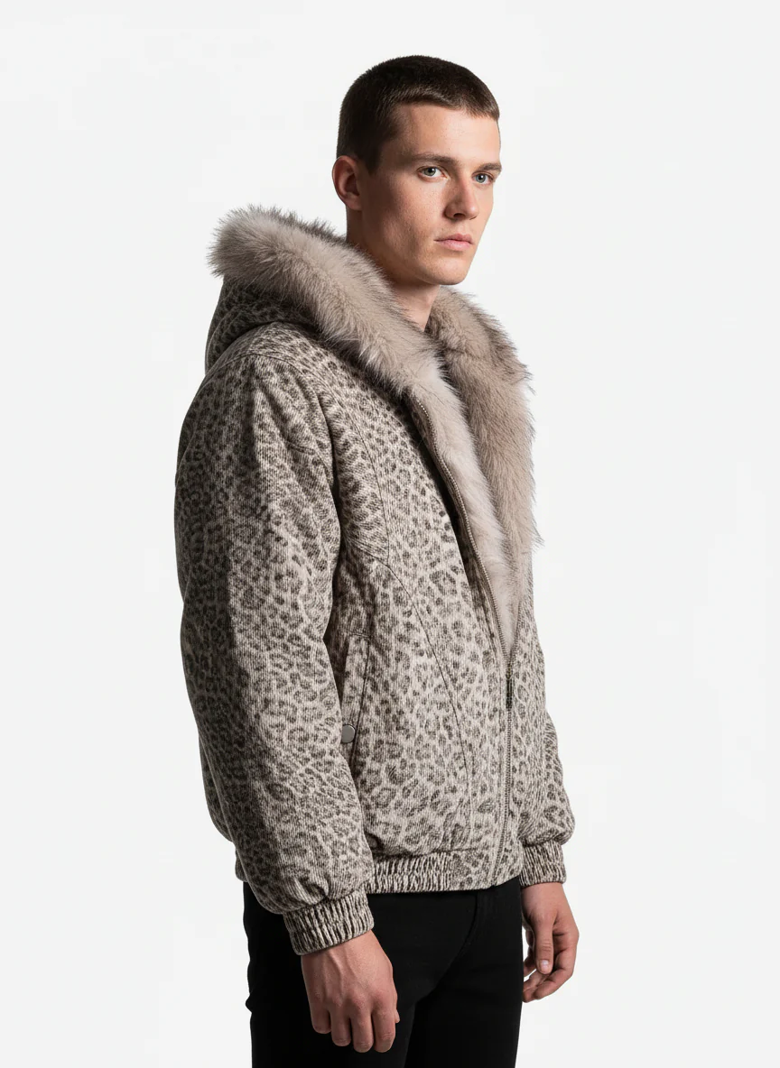 Cotton Cheetah Print Mink Fur Hooded Jacket - 2270 - Image 3