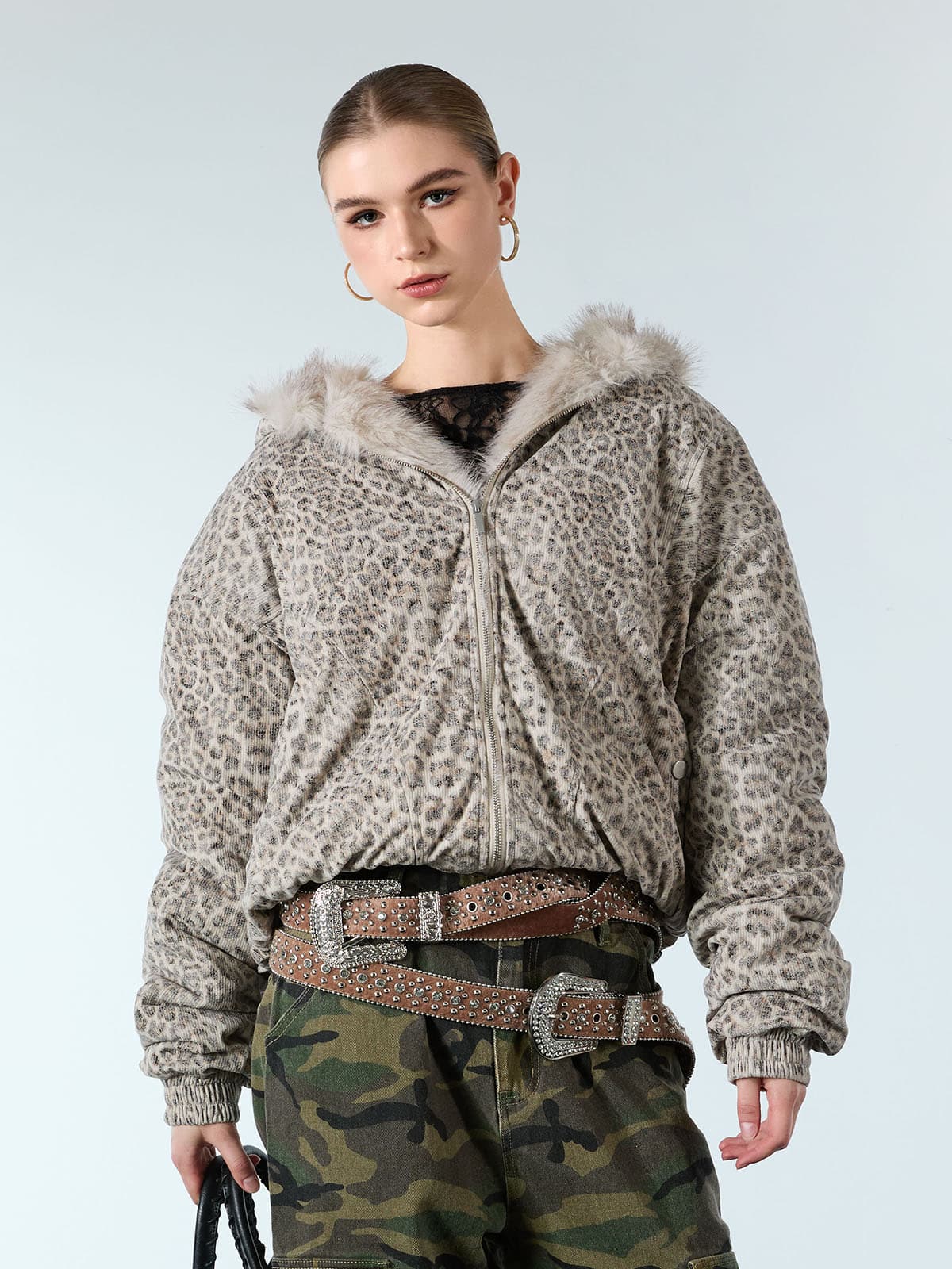 Cotton Cheetah Print Mink Fur Hooded Jacket - 2270 - Image 5