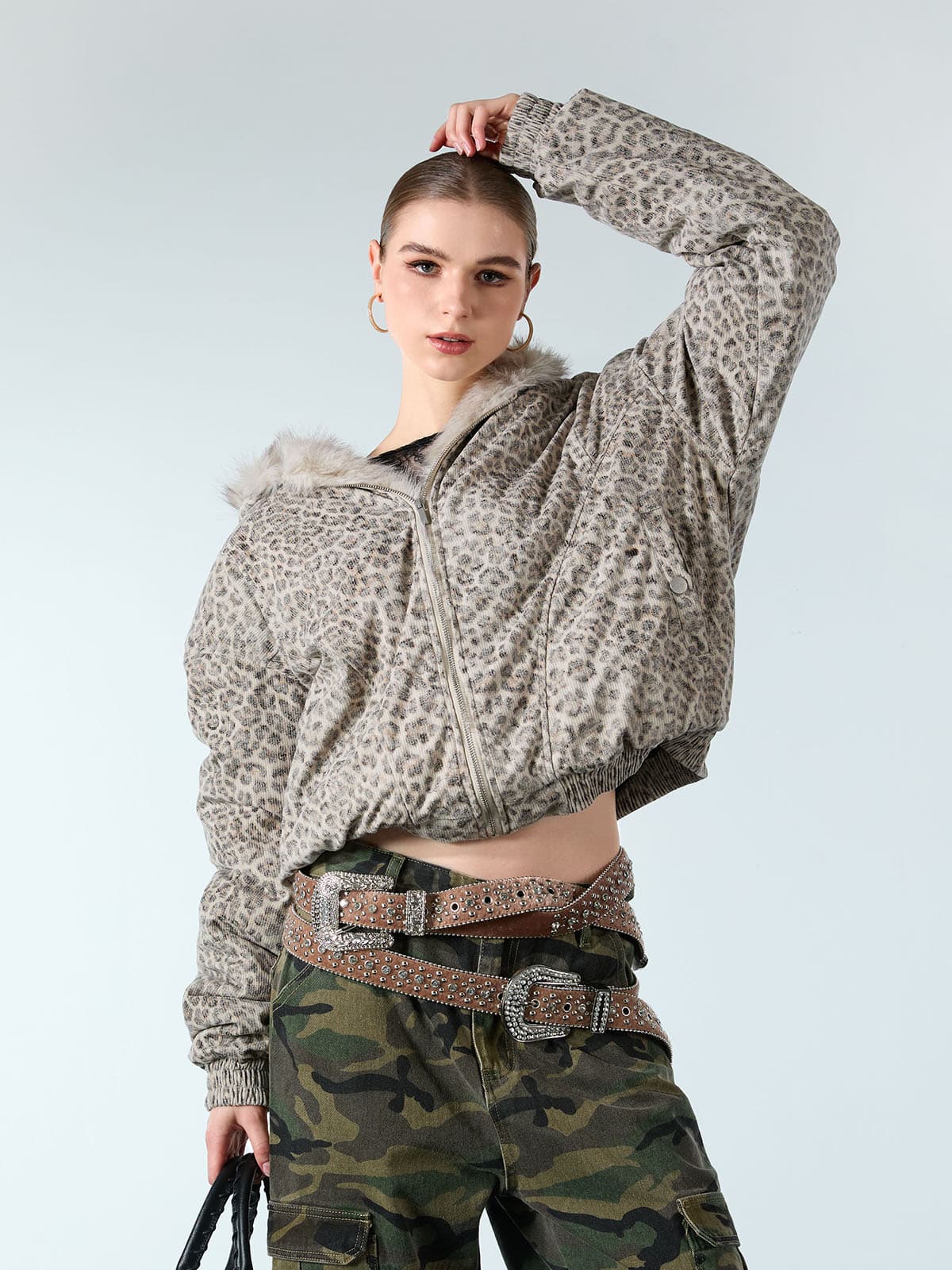 Cotton Cheetah Print Mink Fur Hooded Jacket - 2270 - Image 6
