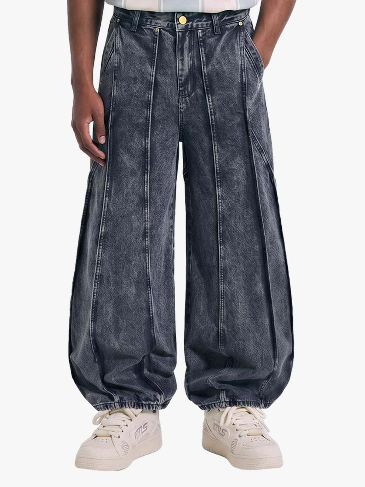 Washed Geometric Panel Barrel Jeans