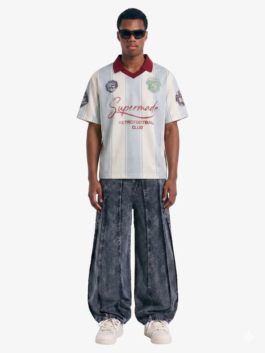 Washed Geometric Panel Barrel Jeans - Image 3