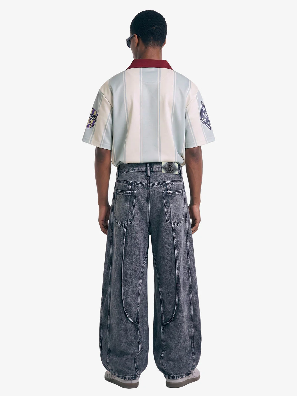 Washed Geometric Panel Barrel Jeans - Image 5