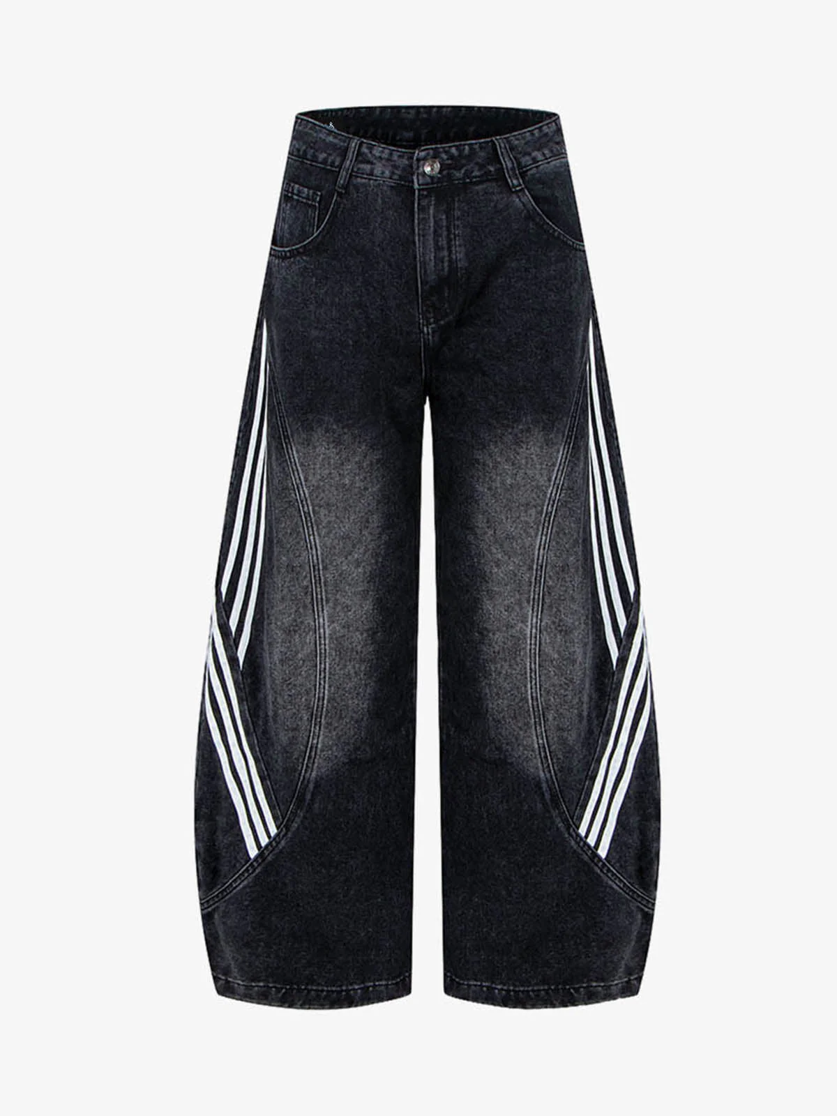 Contrast Stripe Panel Barrel Denim Jeans - 2607 - Image 2