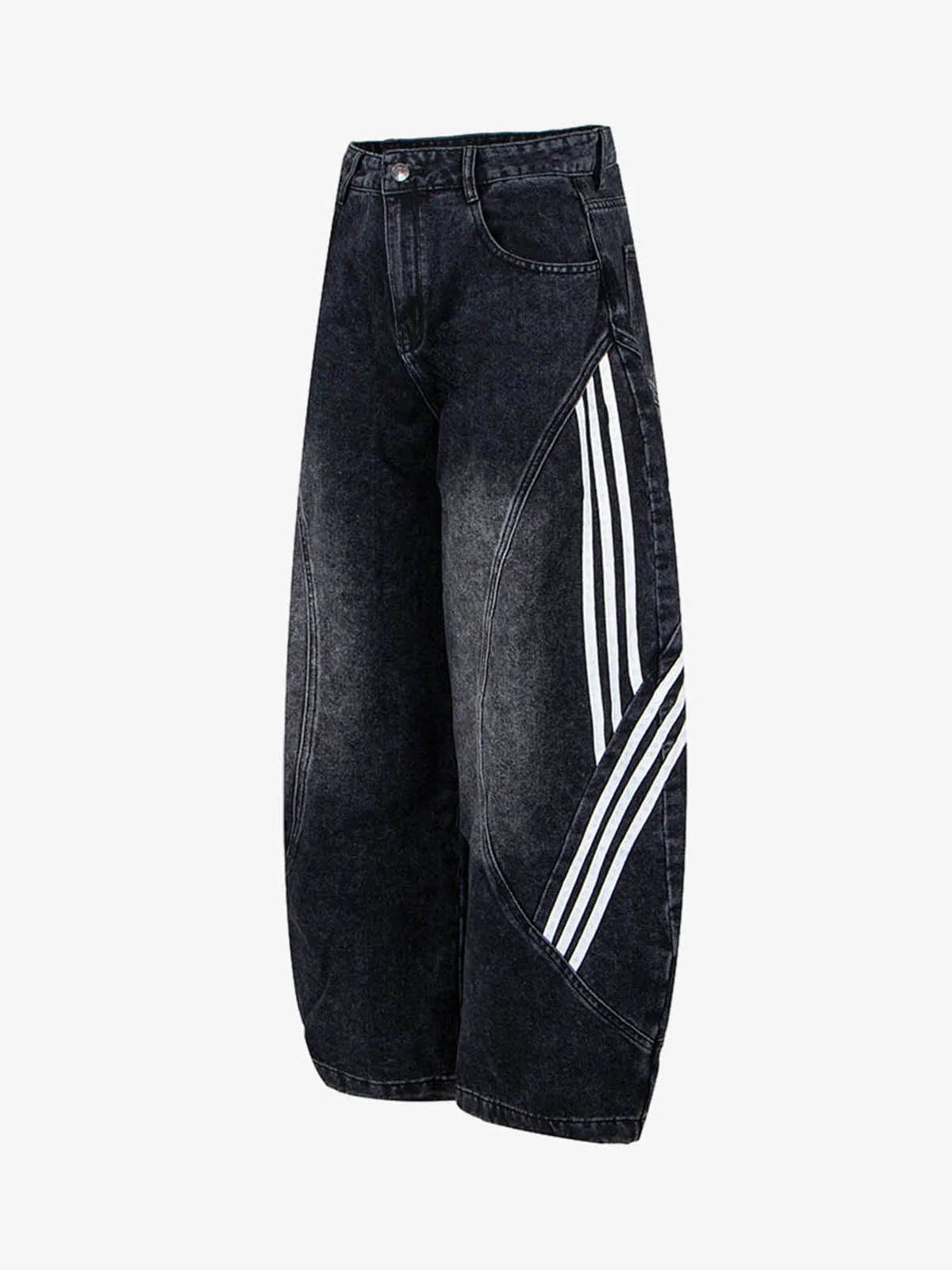 Contrast Stripe Panel Barrel Denim Jeans - 2607 - Image 3