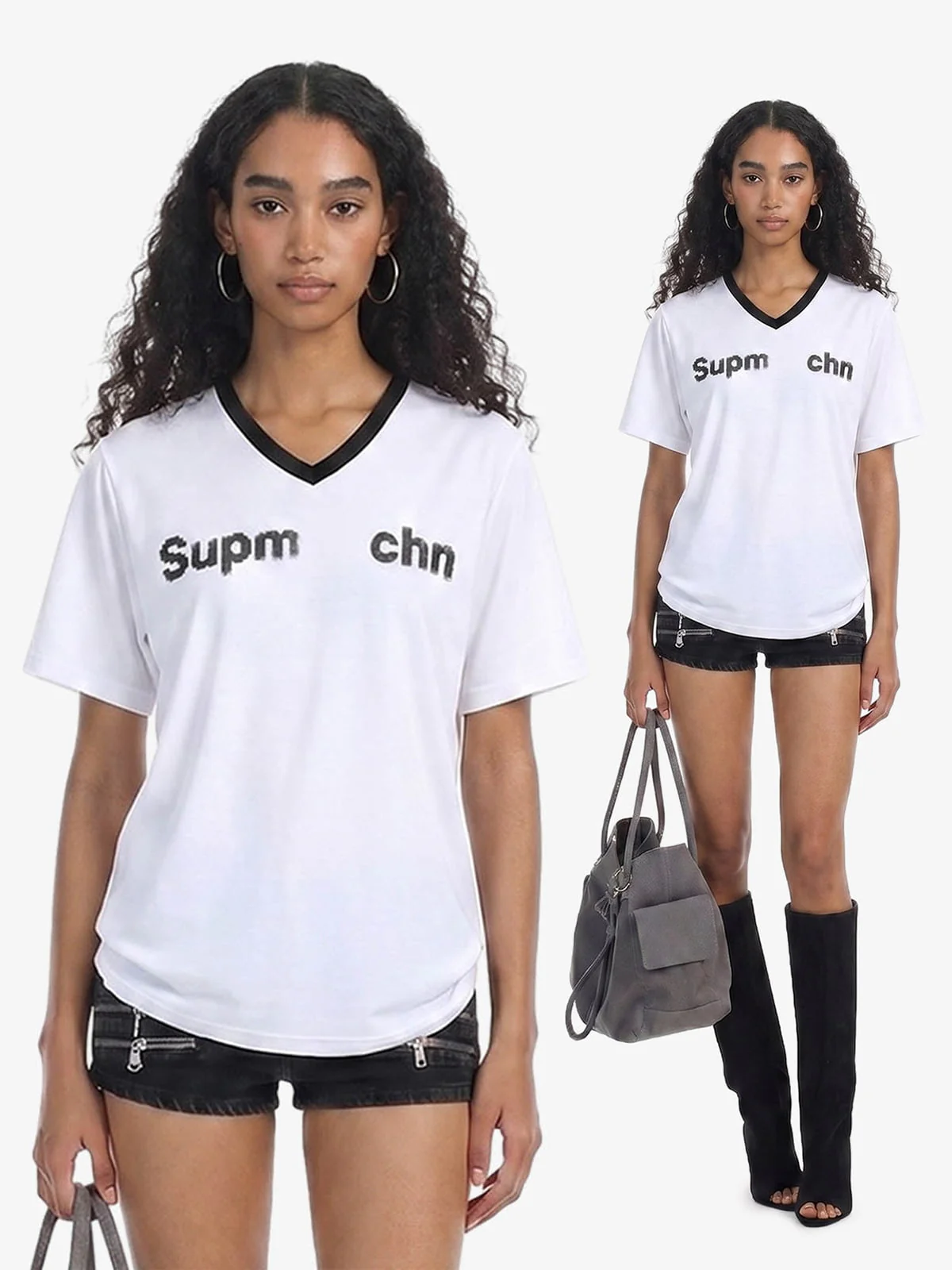 Contrast V Neck Letter Print T-Shirt
