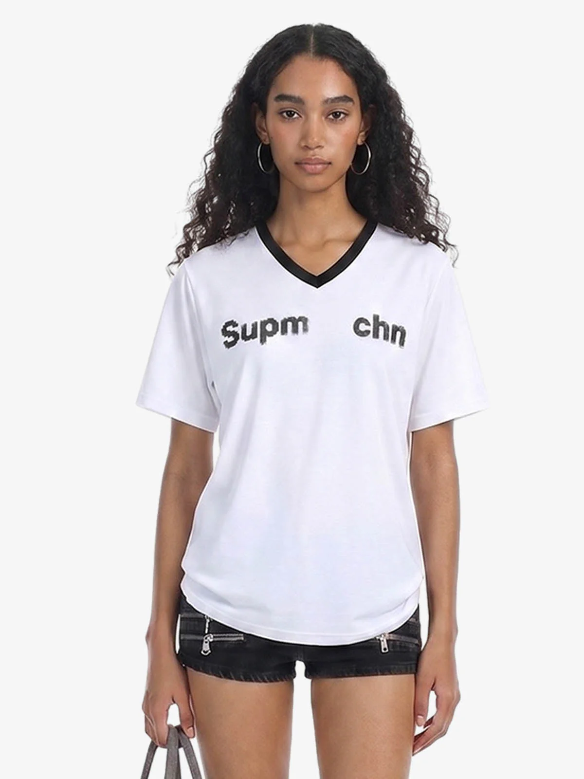 Contrast V Neck Letter Print T-Shirt - Image 3