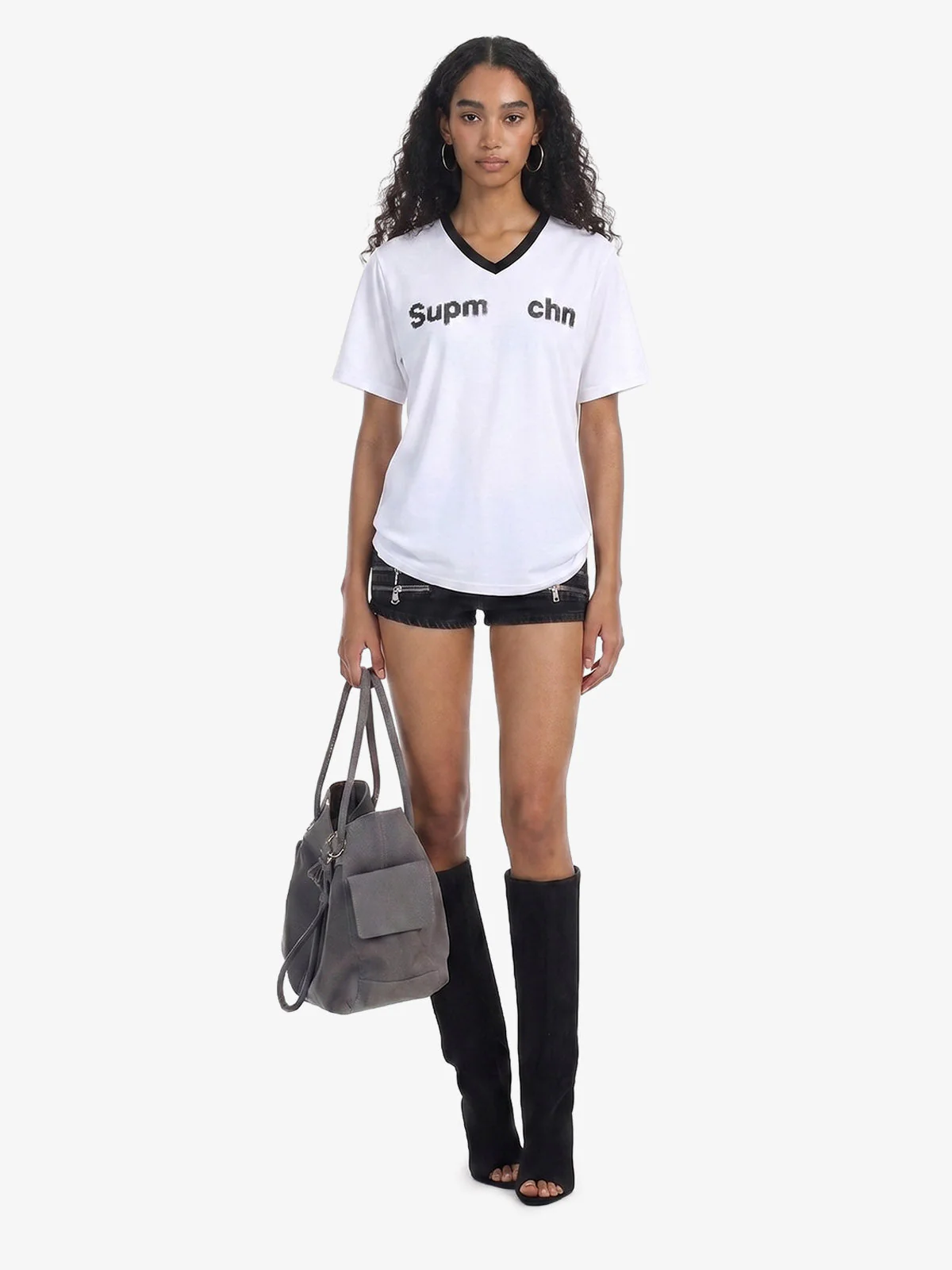 Contrast V Neck Letter Print T-Shirt - Image 4
