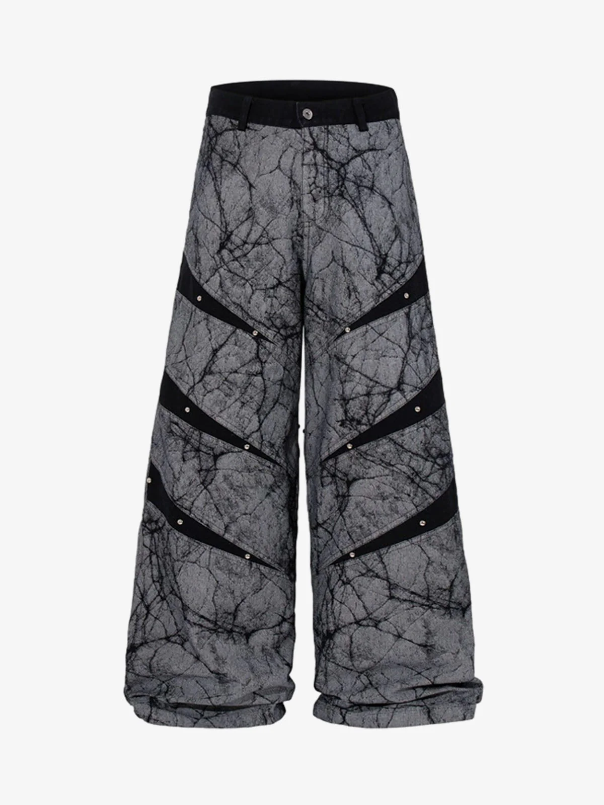 Crackle Print Panel Studded Pleated Denim Jeans