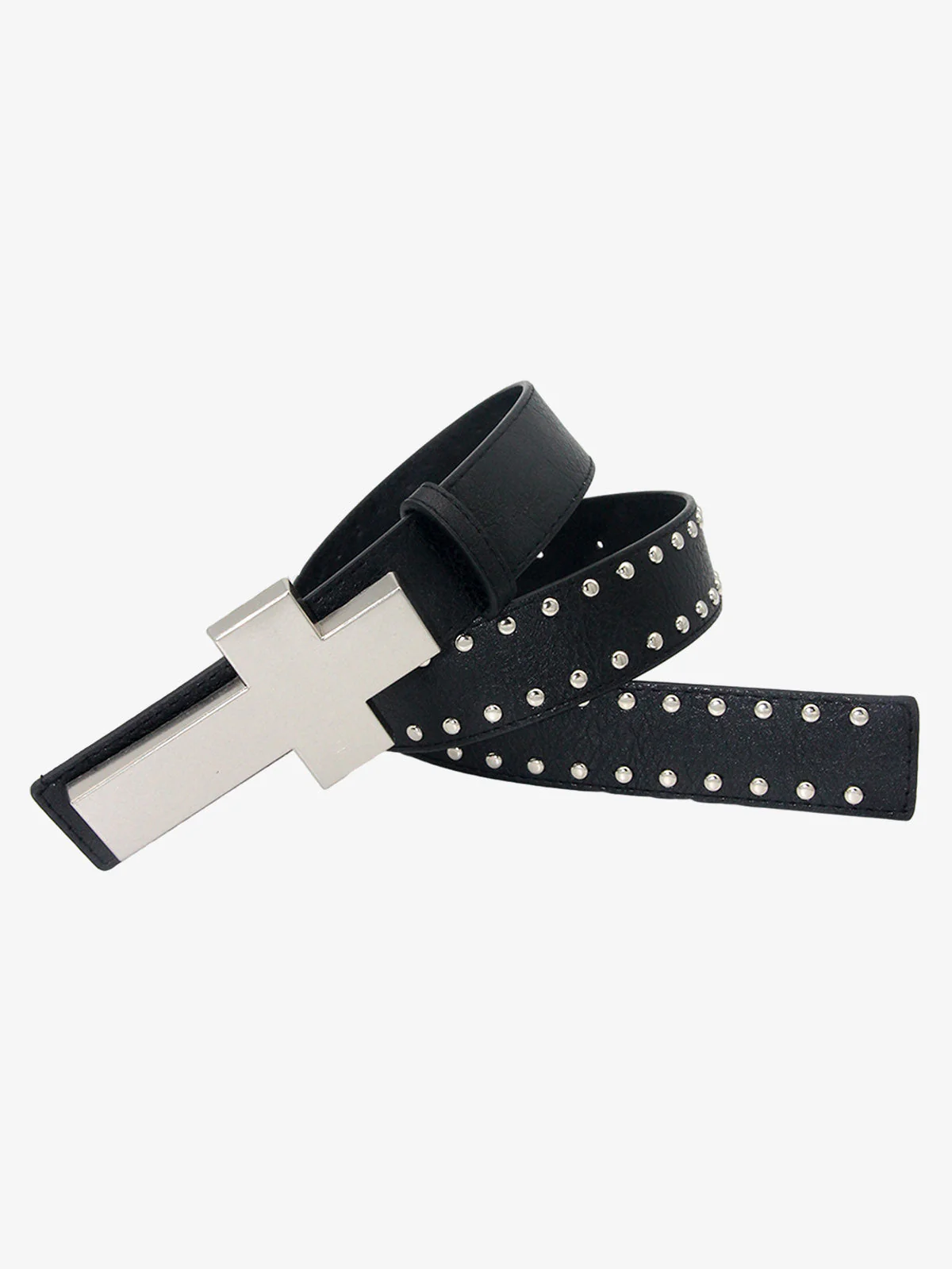 Cross Buckle Studded Black Leather Belt - Image 3