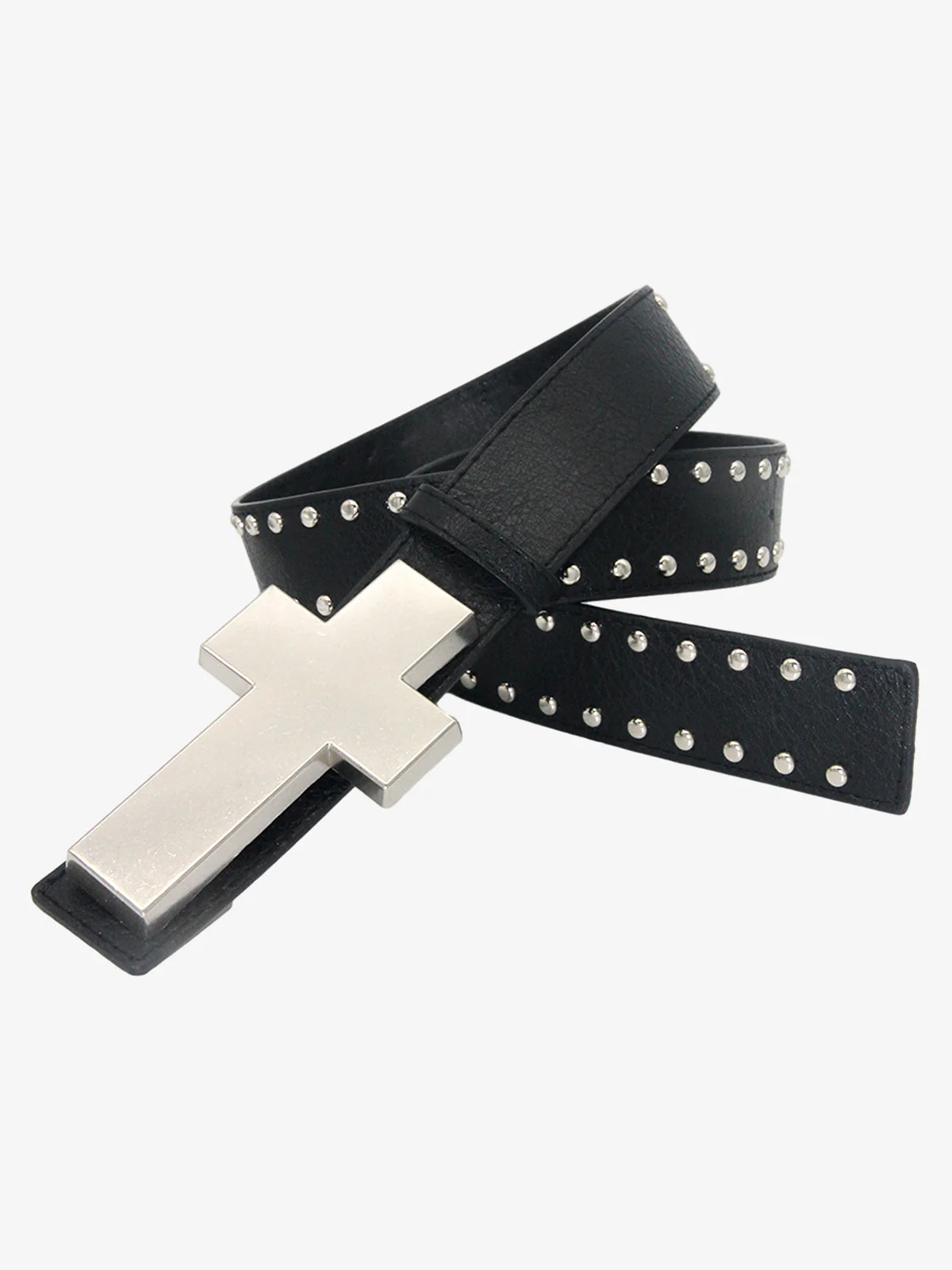 Cross Buckle Studded Black Leather Belt - Image 5