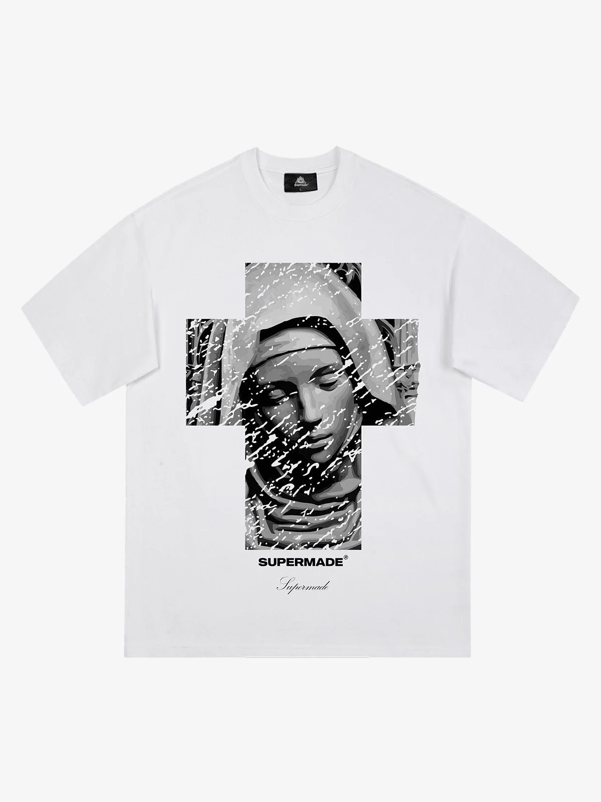 Original Retro Virgin Mary Mottled Cross Print T-Shirt - Image 6