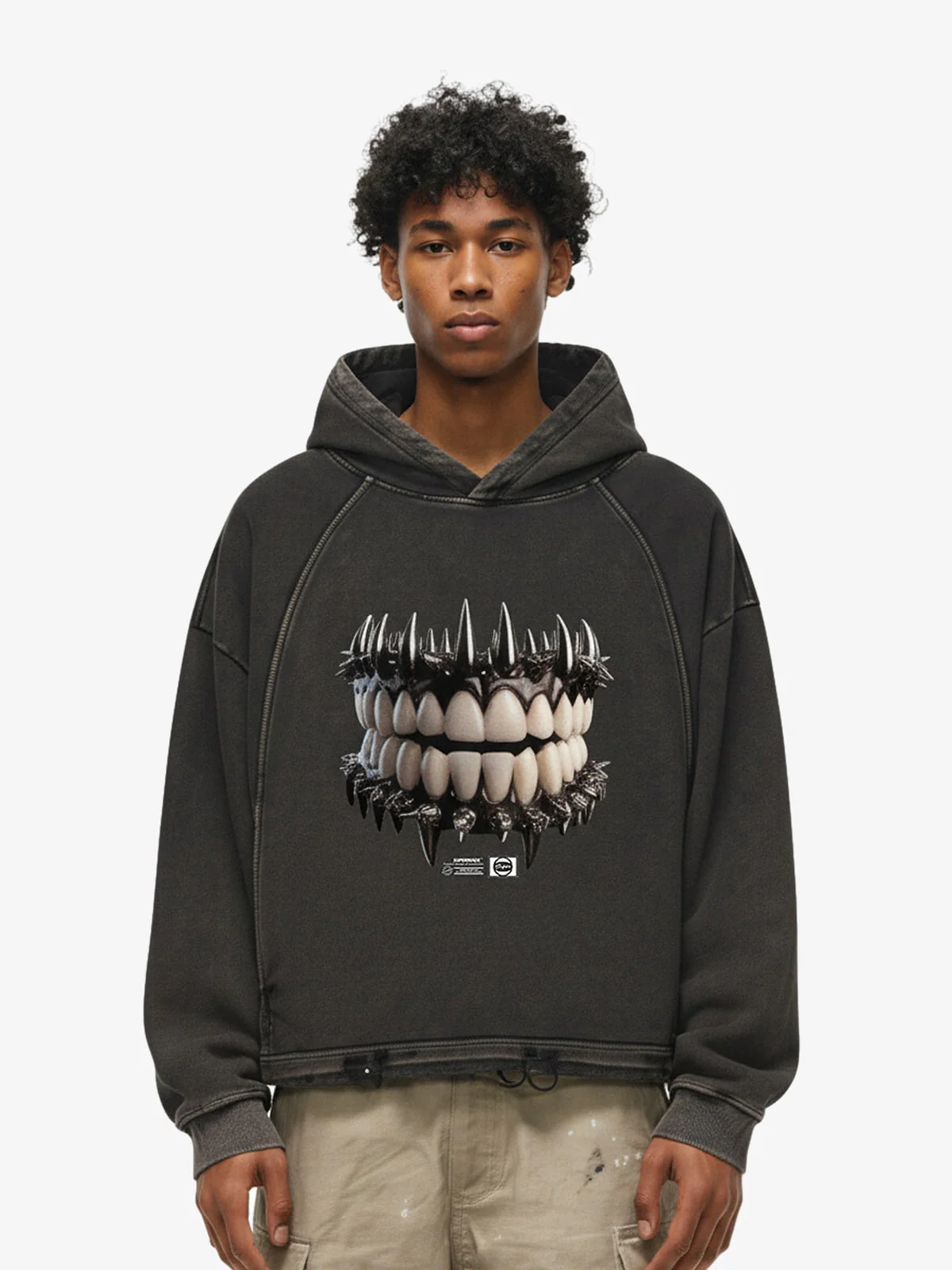 Dark Monster Teeth Graphic Cropped Hoodie