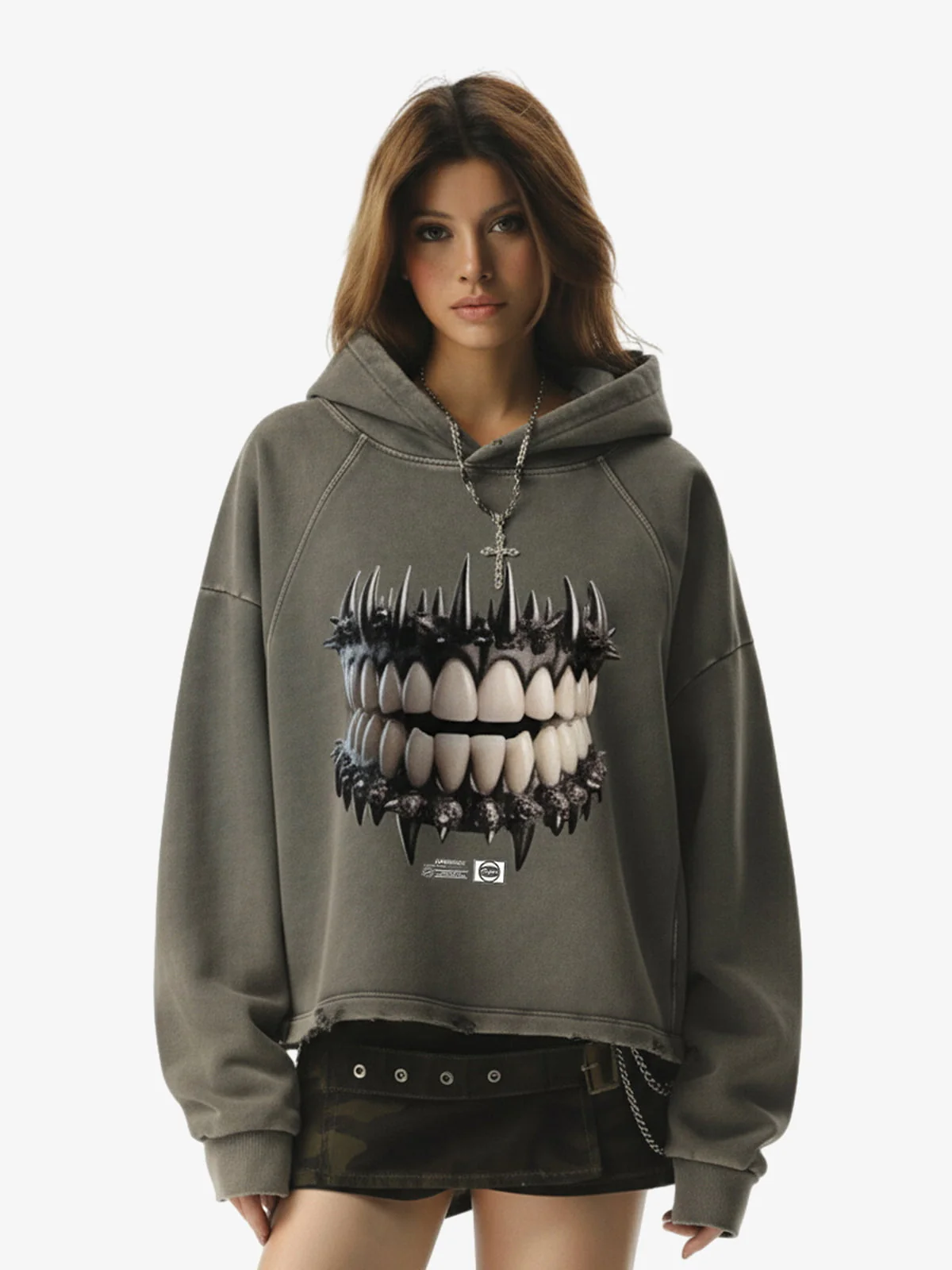 Dark Monster Teeth Graphic Cropped Hoodie - Image 5