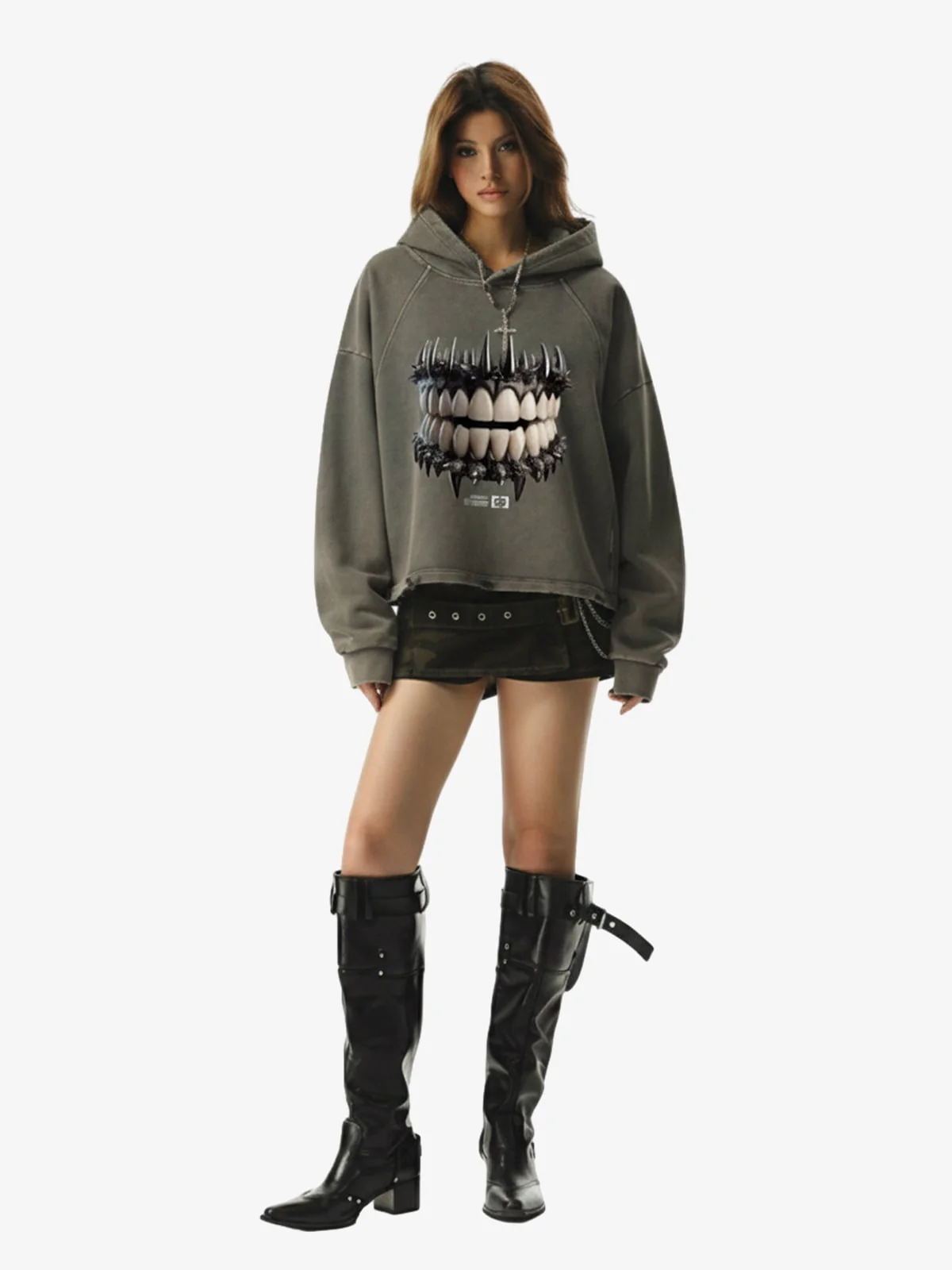 Dark Monster Teeth Graphic Cropped Hoodie - Image 6