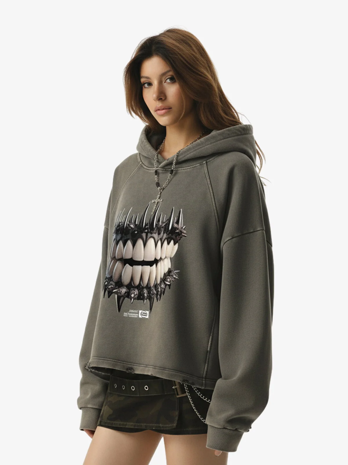 Dark Monster Teeth Graphic Cropped Hoodie - Image 7
