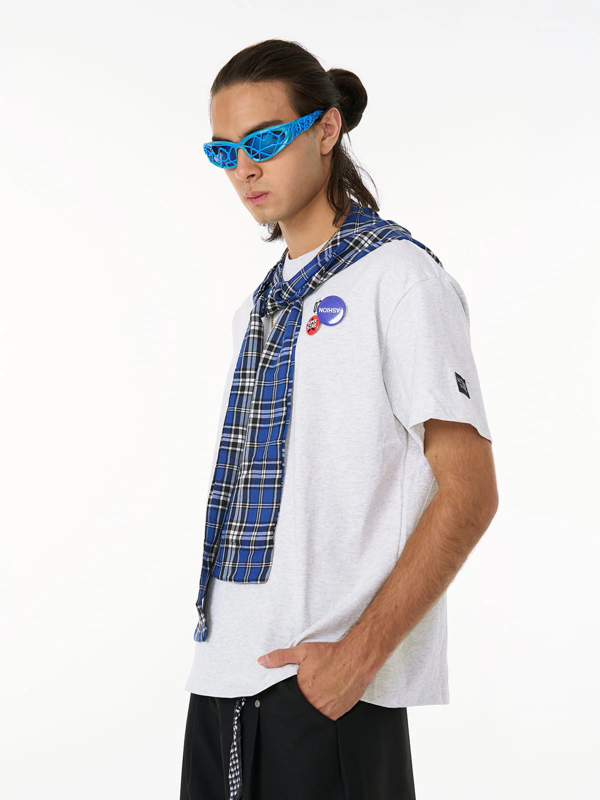 Jersey Knit Detachable Badge Hooded Plaid Cape T-Shirt - Image 4
