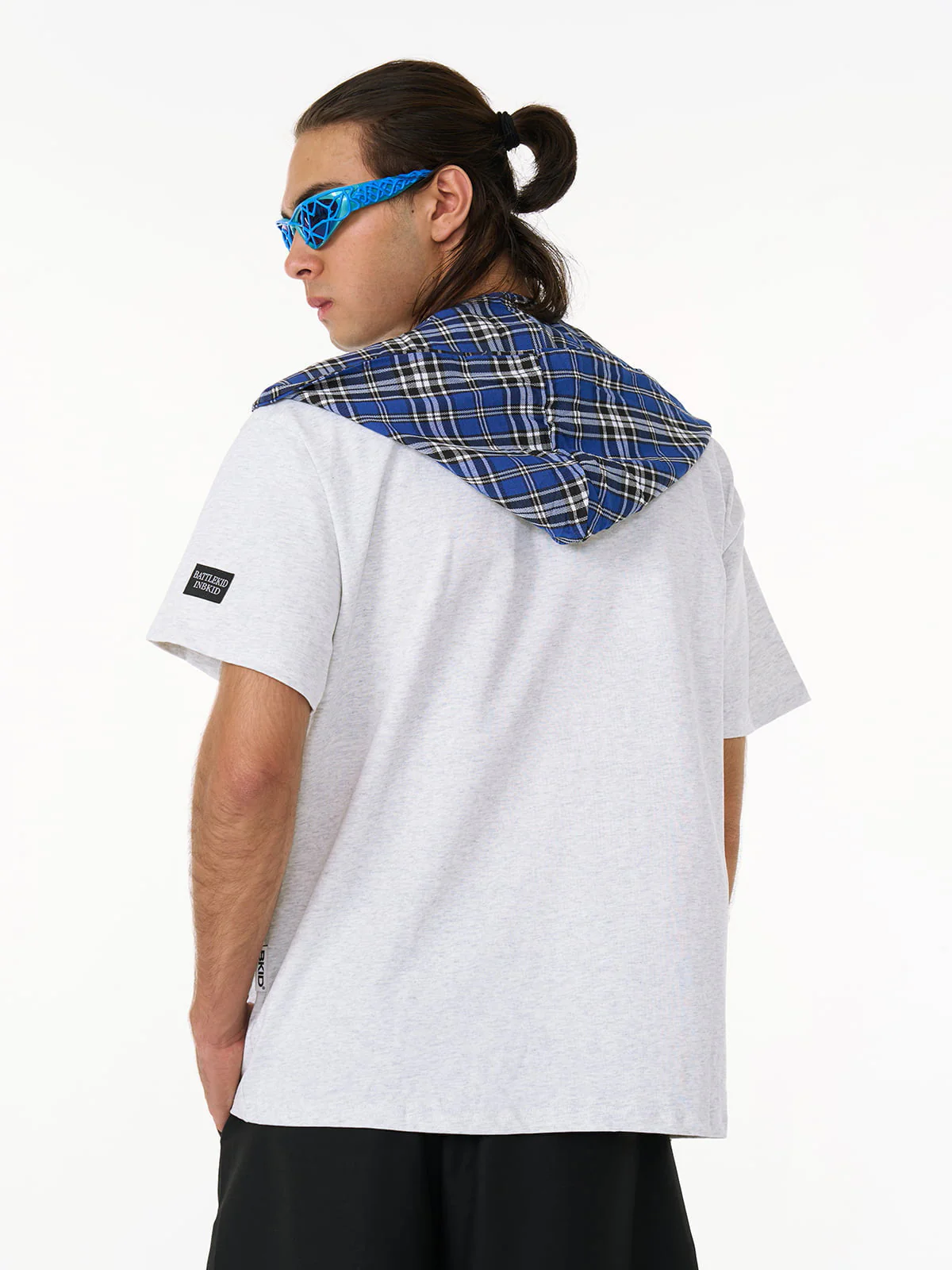 Jersey Knit Detachable Badge Hooded Plaid Cape T-Shirt - Image 5
