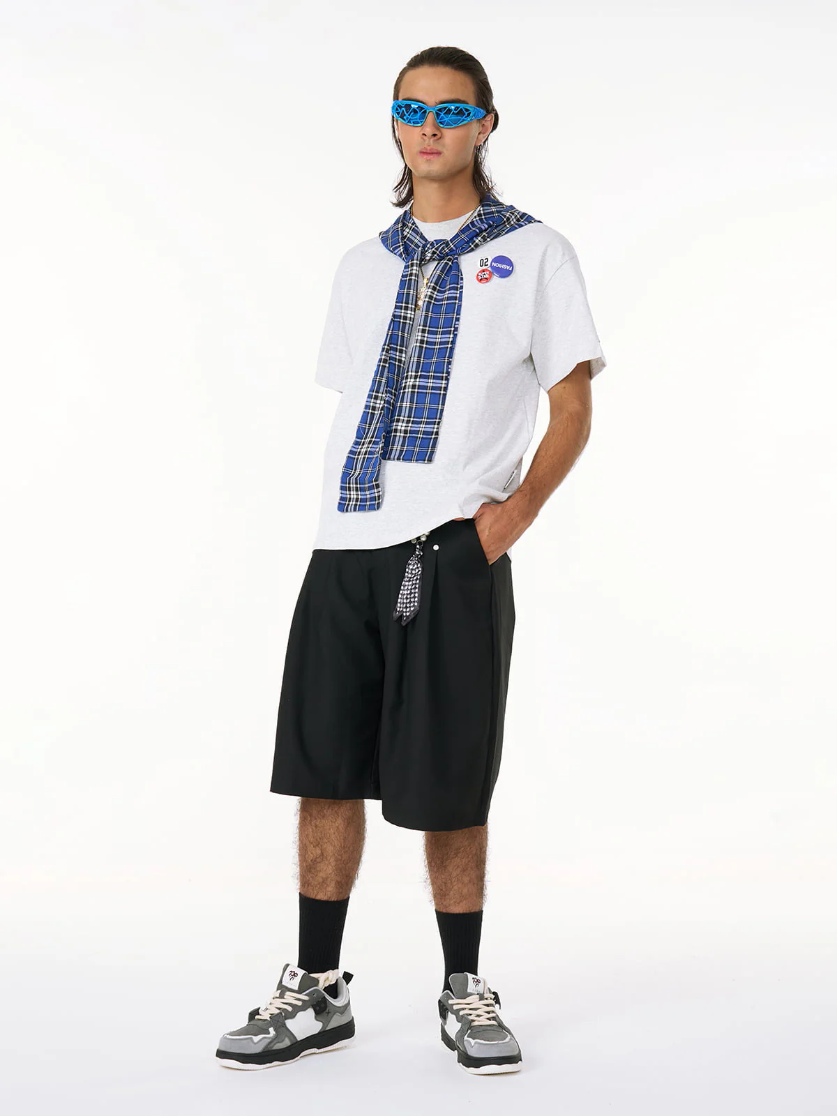 Jersey Knit Detachable Badge Hooded Plaid Cape T-Shirt - Image 6