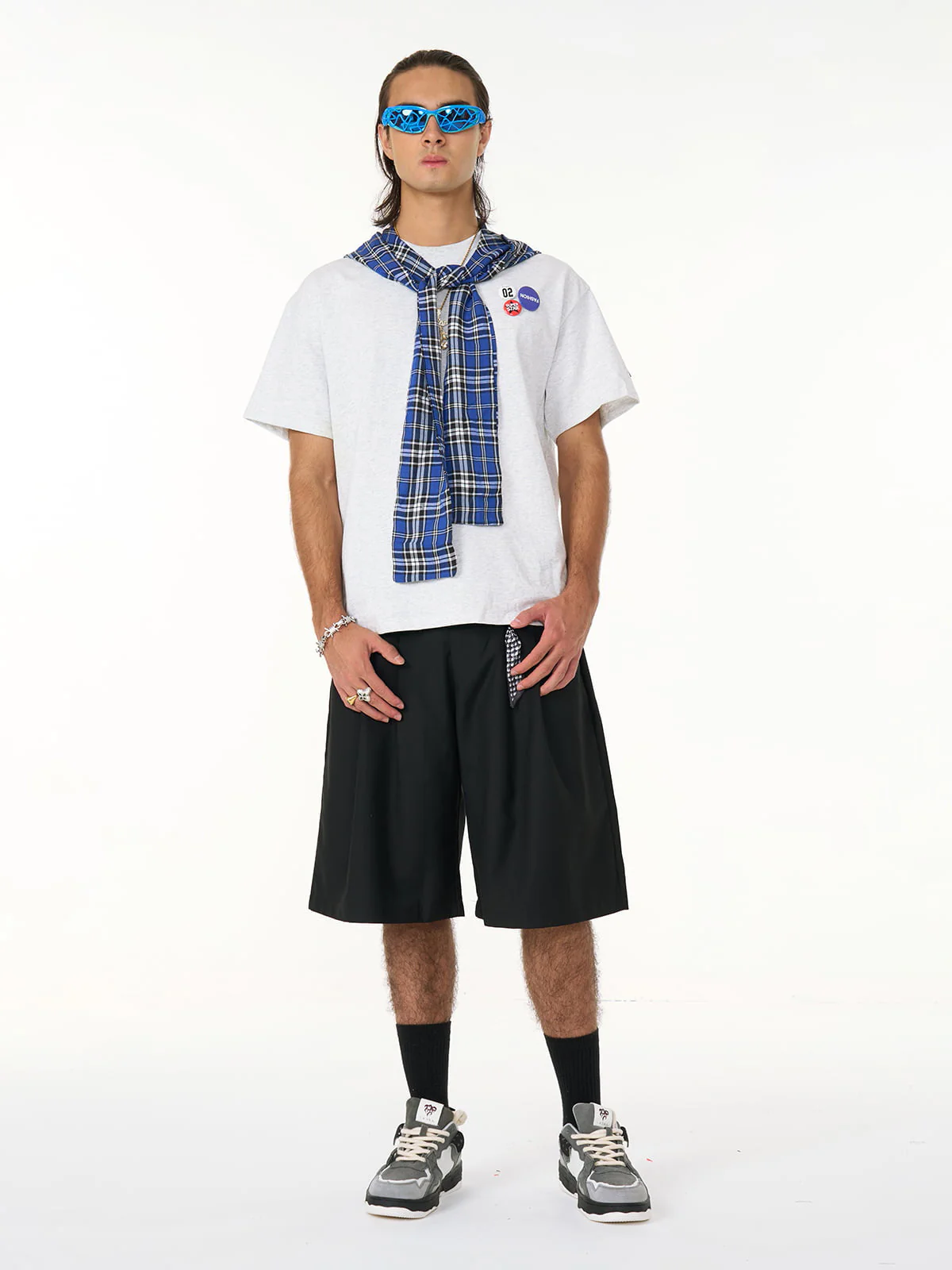 Jersey Knit Detachable Badge Hooded Plaid Cape T-Shirt - Image 7