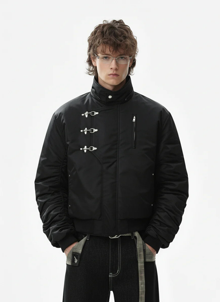 Detachable Faux Fur Collar Ruched Sleeve Bomber Jacket