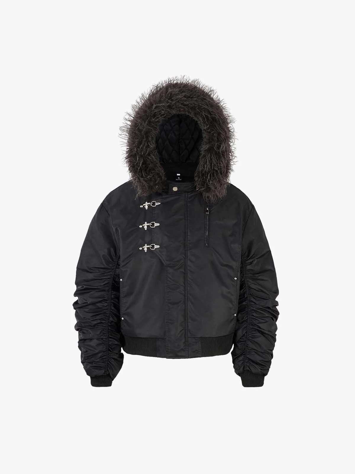 Detachable Faux Fur Collar Ruched Sleeve Bomber Jacket - Image 10