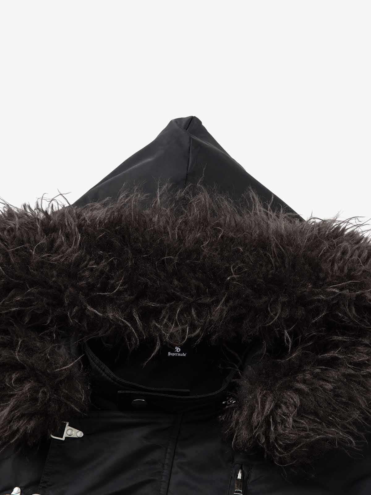 Detachable Faux Fur Collar Ruched Sleeve Bomber Jacket - Image 12