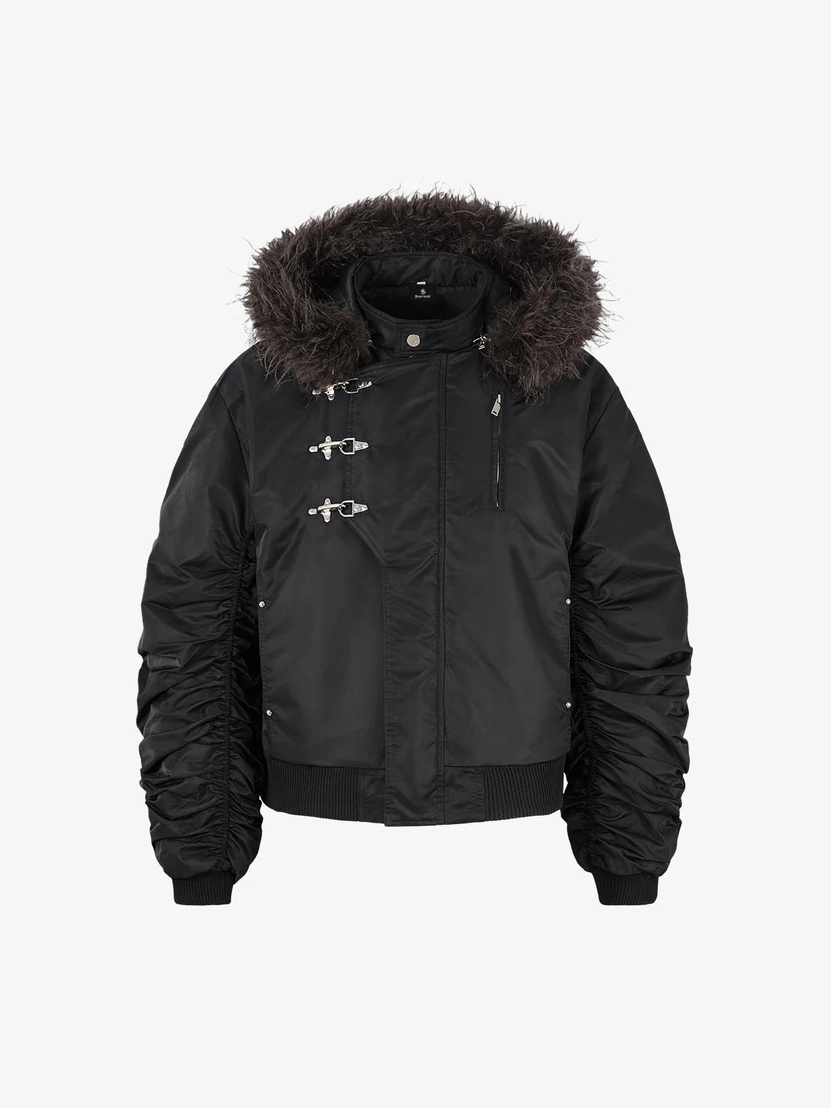 Detachable Faux Fur Collar Ruched Sleeve Bomber Jacket - Image 2