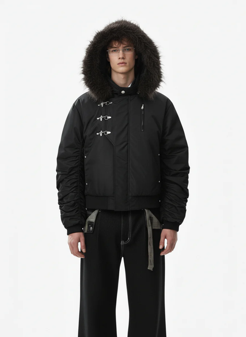 Detachable Faux Fur Collar Ruched Sleeve Bomber Jacket - Image 3