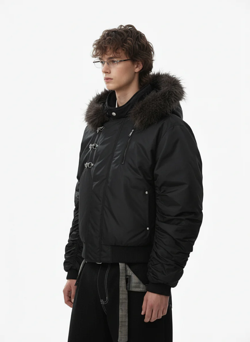 Detachable Faux Fur Collar Ruched Sleeve Bomber Jacket - Image 4