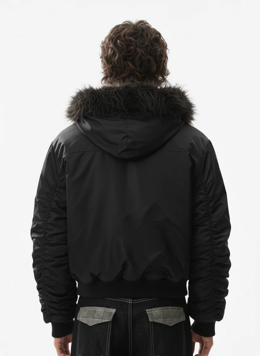 Detachable Faux Fur Collar Ruched Sleeve Bomber Jacket - Image 5