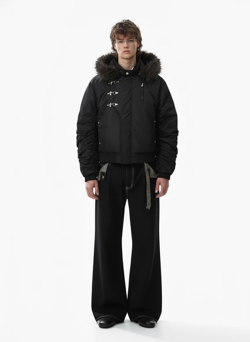 Detachable Faux Fur Collar Ruched Sleeve Bomber Jacket - Image 6