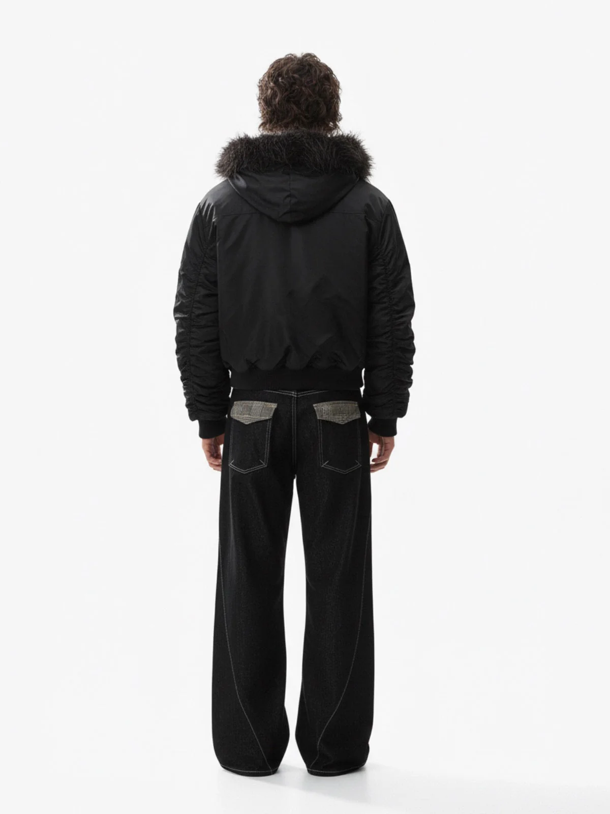 Detachable Faux Fur Collar Ruched Sleeve Bomber Jacket - Image 7