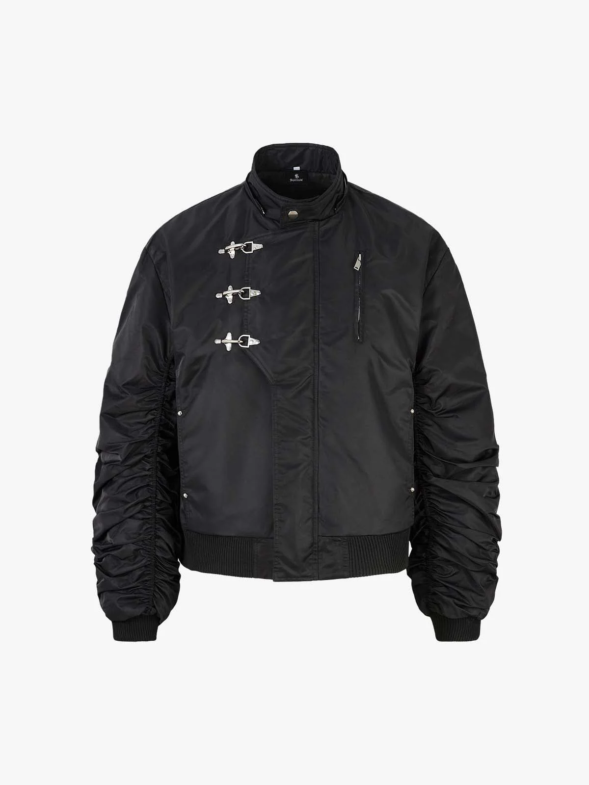 Detachable Faux Fur Collar Ruched Sleeve Bomber Jacket - Image 8