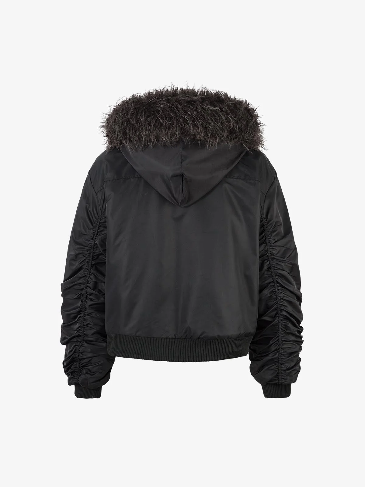 Detachable Faux Fur Collar Ruched Sleeve Bomber Jacket - Image 9