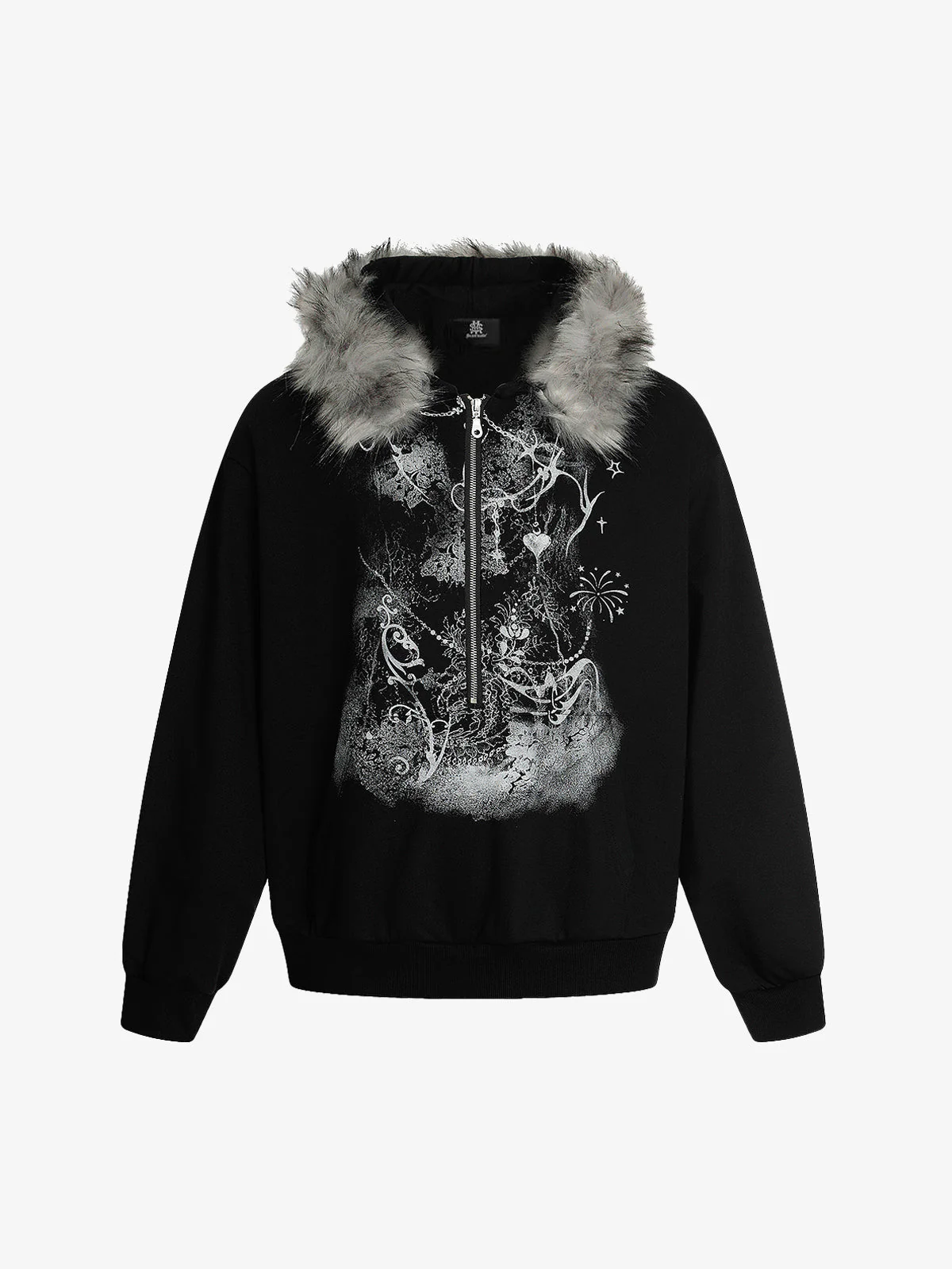 Detachable Fur Collar Printed Cardigan Half-Zip Hoodie - Image 2