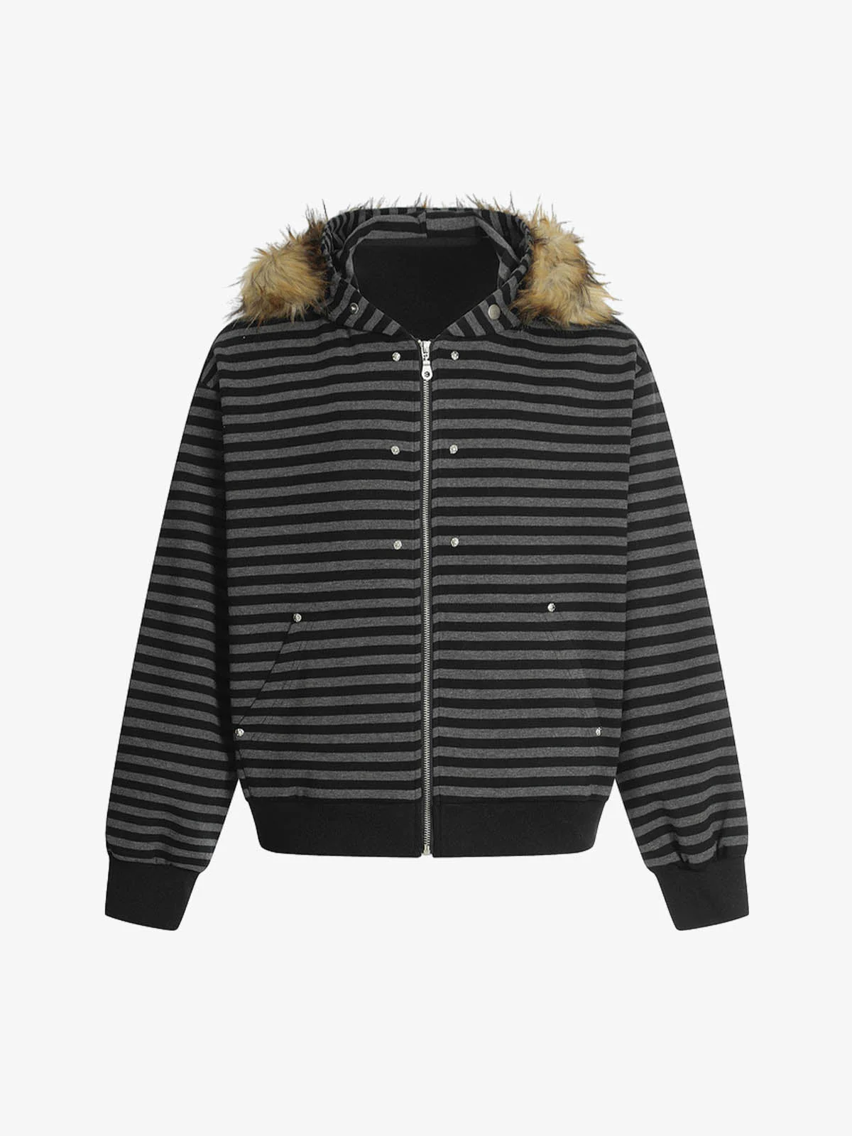 Detachable Fur Collar Striped Zip Up Hoodie