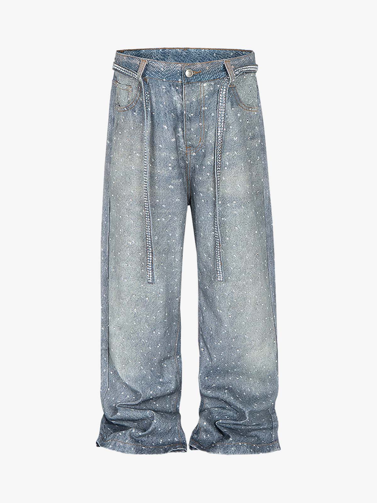 Denim Distressed Belt Diamond Decorated Jeans - Image 2